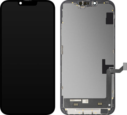 Pantalla con Touchscreen MP compatible con Apple iPhone 14 Plus, con Marco, Versión Soft OLED FHD IC Movable, Negro
