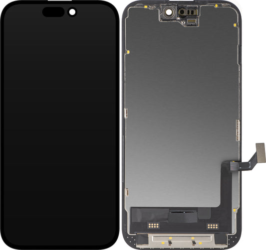 Pantalla con Touchscreen MP compatible con Apple iPhone 15, con Marco, Versión Soft OLED FHD Diagnóstico, Negro