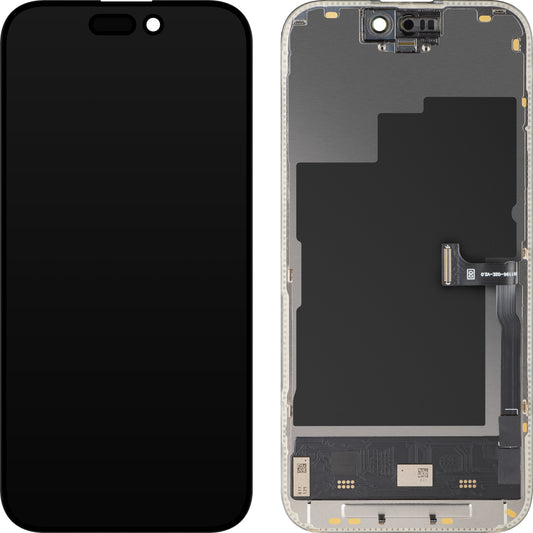 Pantalla con Touchscreen MP compatible con Apple iPhone 15 Pro, con Marco, Versión Soft OLED FHD 120Hz Diagnóstico, Negro