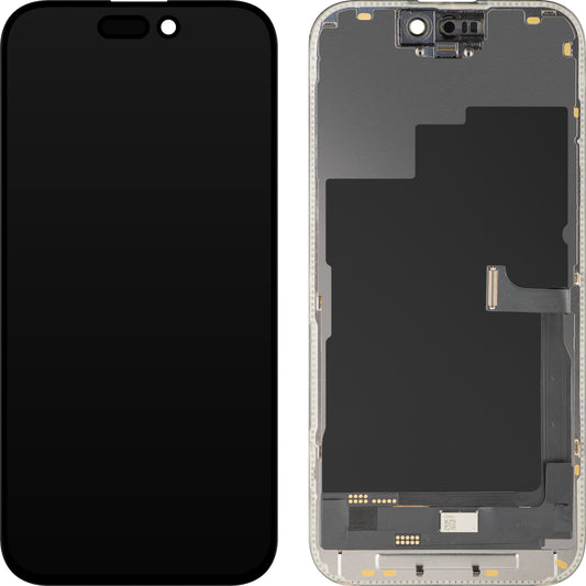 Pantalla con Touchscreen MP compatible con Apple iPhone 15 Pro, con Marco, Versión OLED FHD Diagnóstico, Negro
