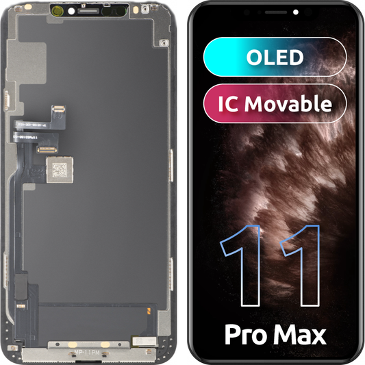 Pantalla con Touchscreen MP compatible con Apple iPhone 11 Pro Max, con Marco, Versión OLED FHD IC Movable, Negro, Reacondicionado
