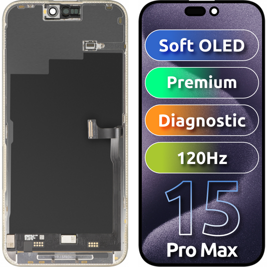 Pantalla con Touchscreen MP compatible con Apple iPhone 15 Pro Max, con Marco, Versión Premium Soft OLED FHD 120Hz Diagnóstico, Negro, Reacondicionado