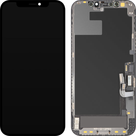 Pantalla con pantalla táctil MP compatible con Apple iPhone 12 / 12 Pro, con marco, versión de software OLED FHD diagnóstico, negro