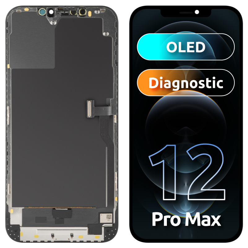 Pantalla con Touchscreen MP compatible con Apple iPhone 12 Pro Max, con Marco, Versión OLED Diagnóstico, Negro
