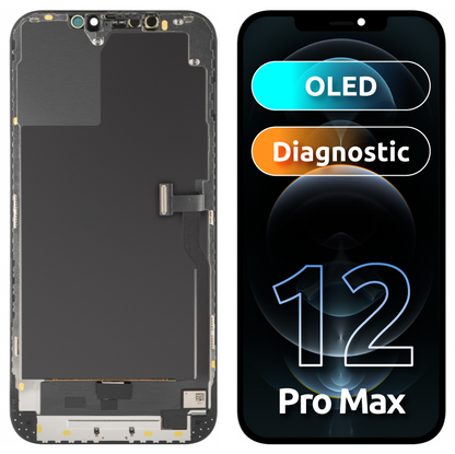 Pantalla con Touchscreen MP compatible con Apple iPhone 12 Pro Max, con Marco, Versión OLED Diagnóstico, Negro