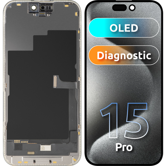 Pantalla con Touchscreen MP compatible con Apple iPhone 15 Pro, con Marco, Versión OLED FHD Diagnóstico, Negro
