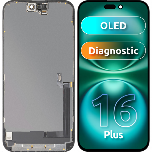 Pantalla con Touchscreen MP compatible con Apple iPhone 16 Plus, con Marco, Versión OLED FHD Diagnóstico, Negro