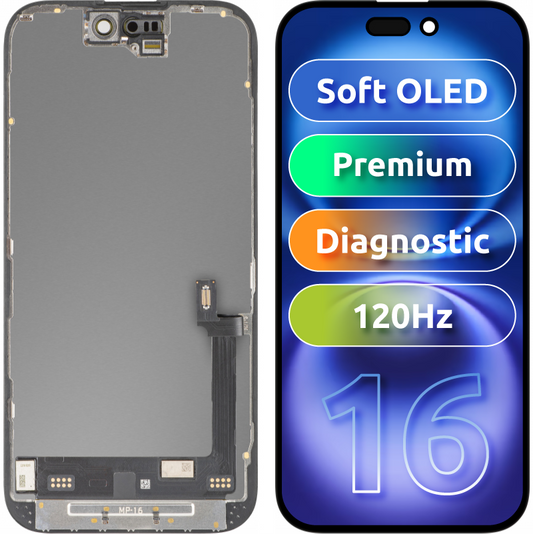 Pantalla con pantalla táctil MP compatible con Apple iPhone 16, con marco, versión premium Soft OLED FHD 120Hz diagnóstico, negro