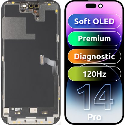 Pantalla con Touchscreen MP compatible con Apple iPhone 14 Pro, con Marco, Versión Premium Soft OLED FHD 120Hz Diagnóstico, Negro