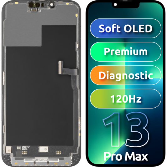 Pantalla con Touchscreen MP compatible con Apple iPhone 13 Pro Max, con Marco, Versión Premium Soft OLED FHD 120Hz Diagnóstico, Negro