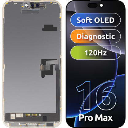 Pantalla con Touchscreen MP compatible con Apple iPhone 16 Pro Max, con Marco, Versión Soft OLED FHD Diagnóstico, Negro