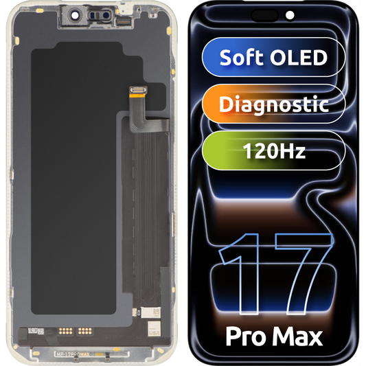 Pantalla con Touchscreen MP compatible con Apple iPhone 17 Pro Max, con Marco, Versión Soft OLED FHD Diagnóstico, Negro