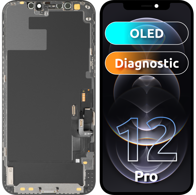 Pantalla con Touchscreen MP compatible con Apple iPhone 12 / 12 Pro, con Marco, Versión OLED Diagnóstico, Negro