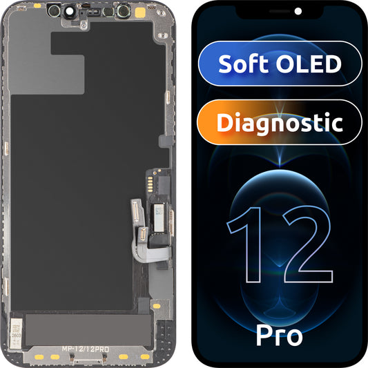 Pantalla con pantalla táctil MP compatible con Apple iPhone 12 / 12 Pro, con marco, versión de software OLED FHD diagnóstico, negro