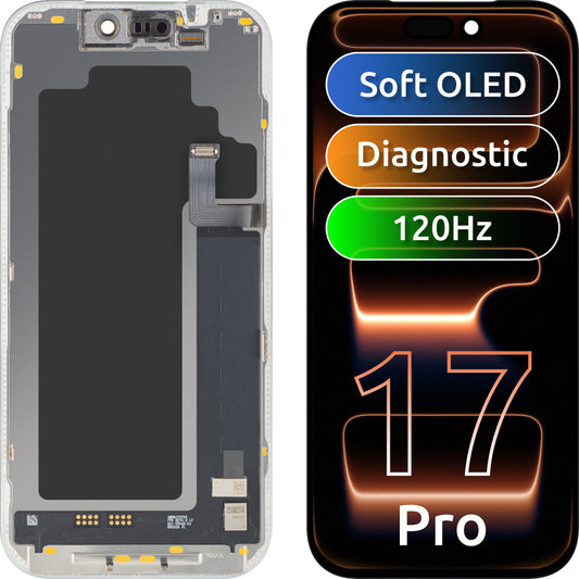 Pantalla con pantalla táctil MP compatible con Apple iPhone 17 Pro, con marco, versión de software OLED FHD 120Hz diagnóstico, negro