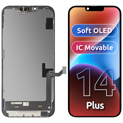 Pantalla con Touchscreen MP compatible con Apple iPhone 14 Plus, con Marco, Versión Soft OLED FHD IC Movable, Negro