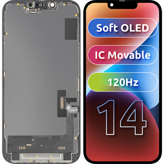Pantalla con Touchscreen MP compatible con Apple iPhone 14, con Marco, Versión Soft OLED FHD 120Hz IC Movable, Negro