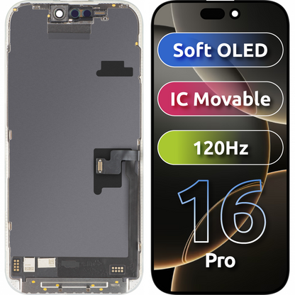 Pantalla con Touchscreen MP compatible con Apple iPhone 16 Pro, con Marco, Versión Soft OLED FHD 120Hz IC Movable, Negro