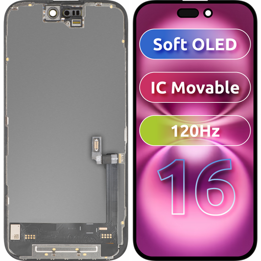 Pantalla con Touchscreen MP compatible con Apple iPhone 16, con Marco, Versión Soft OLED FHD 120Hz IC Movable, Negro