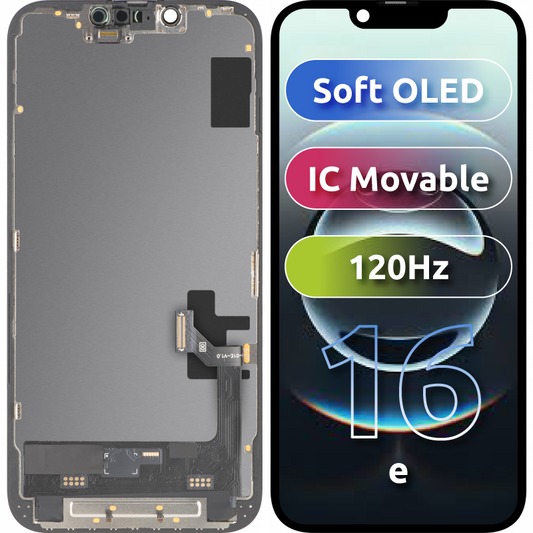 Pantalla con pantalla táctil MP compatible con Apple iPhone 17e / 16e, con marco, versión Soft OLED FHD 120Hz IC Movable, negro