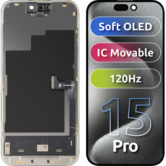 Pantalla con Touchscreen MP compatible con Apple iPhone 15 Pro, con Marco, Versión Soft OLED IC Movable 120Hz FHD, Negro