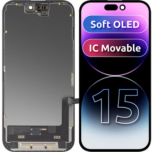 Pantalla con Touchscreen MP compatible con Apple iPhone 15, con Marco, Versión Soft OLED FHD IC Movable, Negro