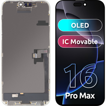 Pantalla con Touchscreen MP compatible con Apple iPhone 16 Pro Max, con Marco, Versión OLED FHD IC Movable, Negro