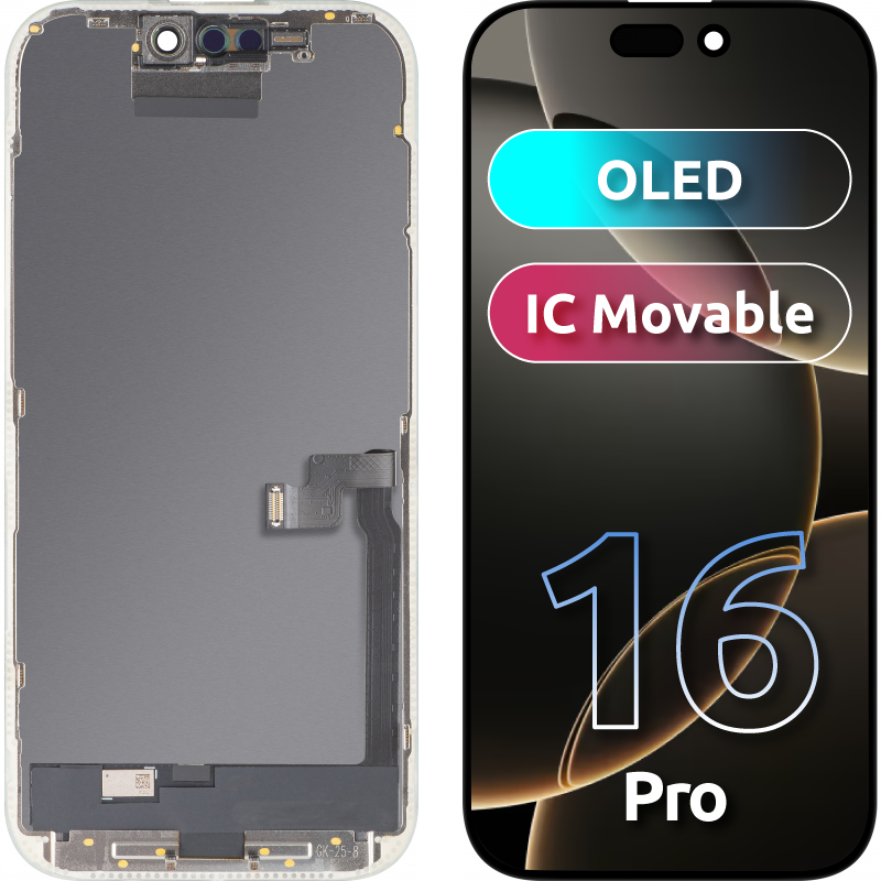 Pantalla con Touchscreen MP compatible con Apple iPhone 16 Pro, con Marco, Versión OLED FHD IC Movable, Negro