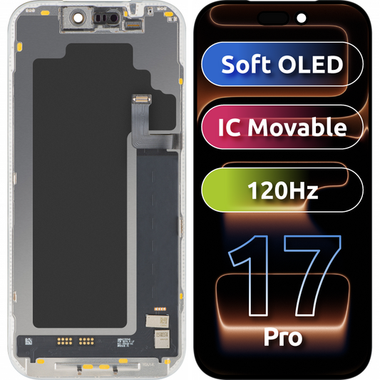 MP Touchscreen Display compatible with Apple iPhone 17 Pro, with Frame, Soft OLED FHD 120Hz IC Movable Version, Black