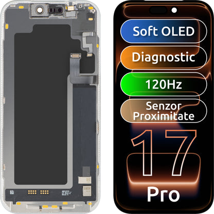 Pantalla con pantalla táctil y sensor de proximidad de luz MP compatible con Apple iPhone 17 Pro, con marco, versión de software OLED FHD 120Hz diagnóstico, negro