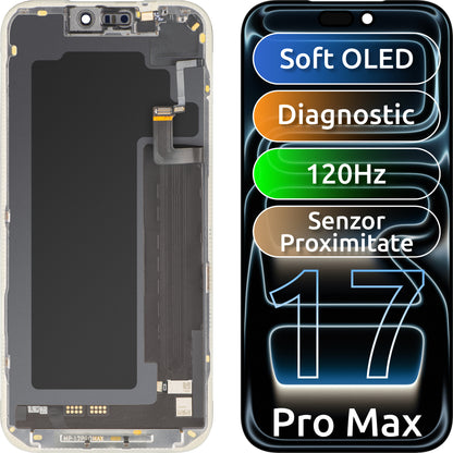Pantalla con pantalla táctil y sensor de proximidad de luz MP compatible con Apple iPhone 17 Pro Max, con marco, versión de software OLED FHD 120Hz diagnóstico, negro