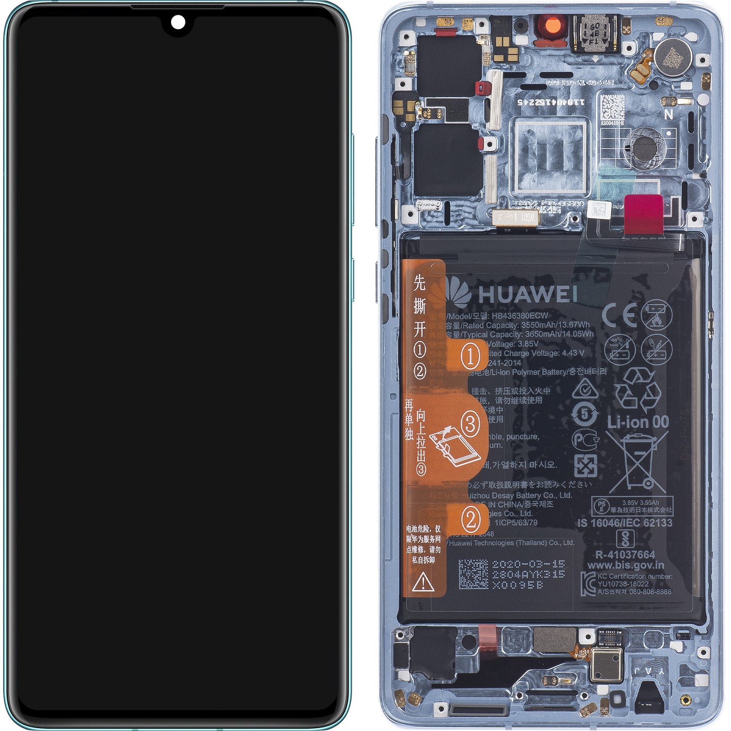 Pantalla táctil Huawei P30, con marco y batería, azul (cristal respirable), Service Pack 02354HMF