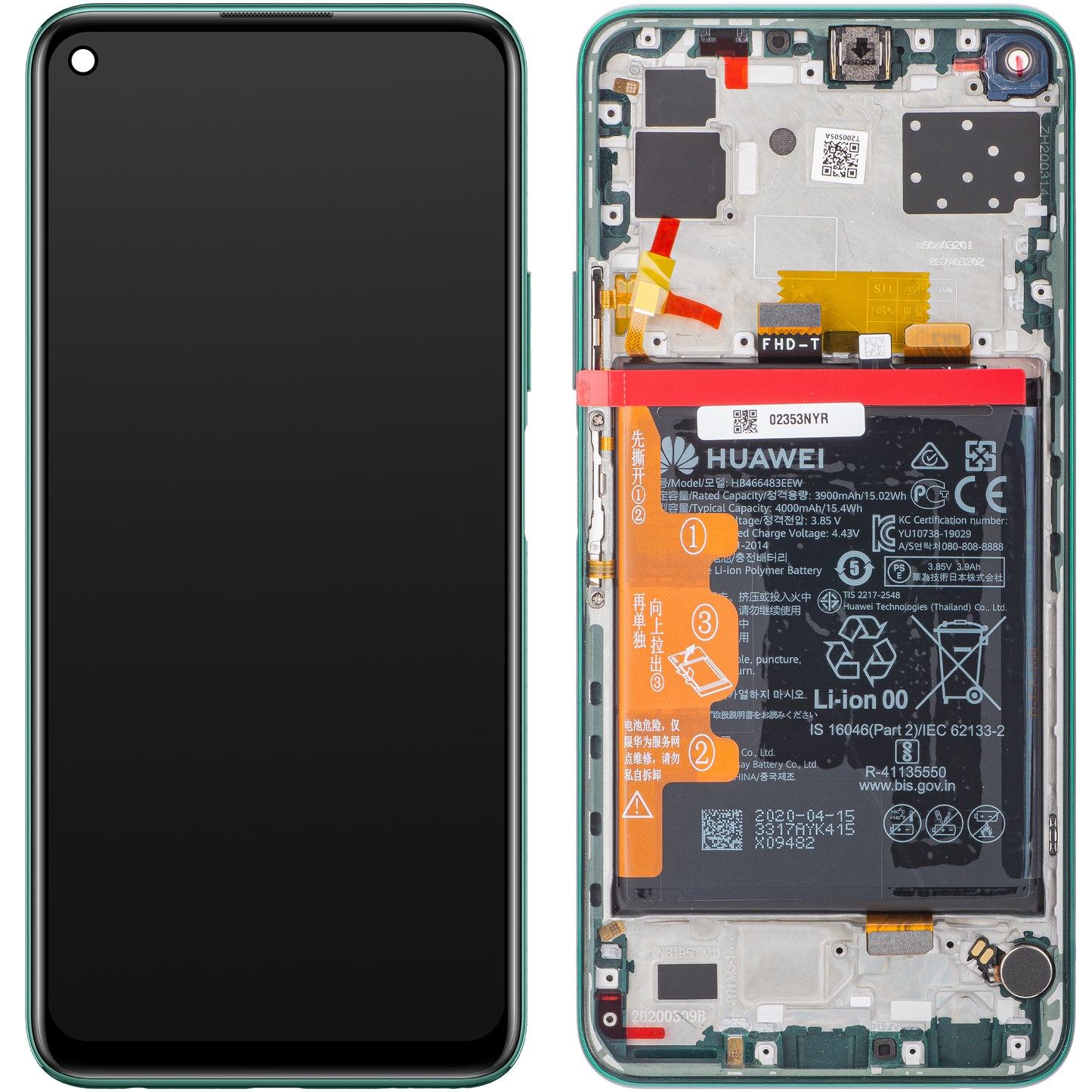 Pantalla táctil Huawei P40 lite 5G, con marco y batería, Crush Green, Service Pack 02353SUP