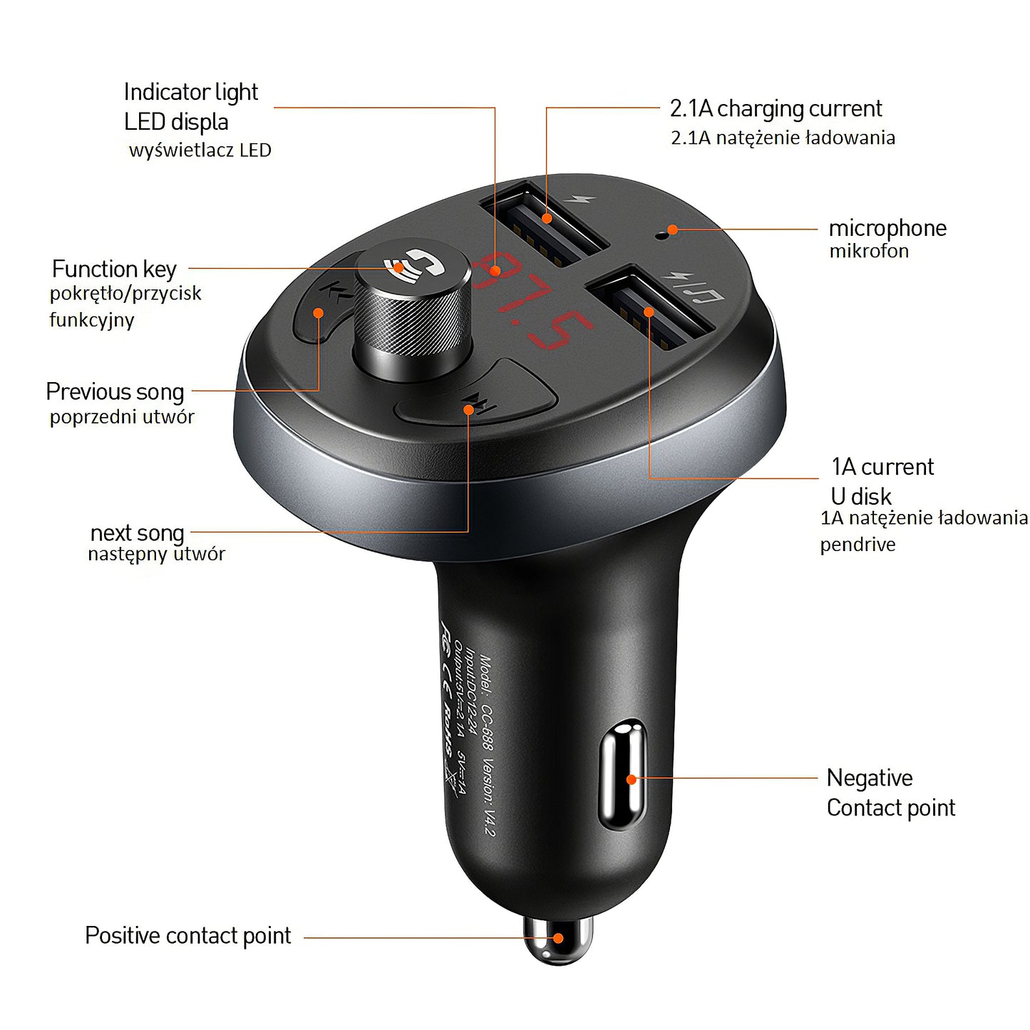 Modulador FM Bluetooth McDodo, 2 x USB-A