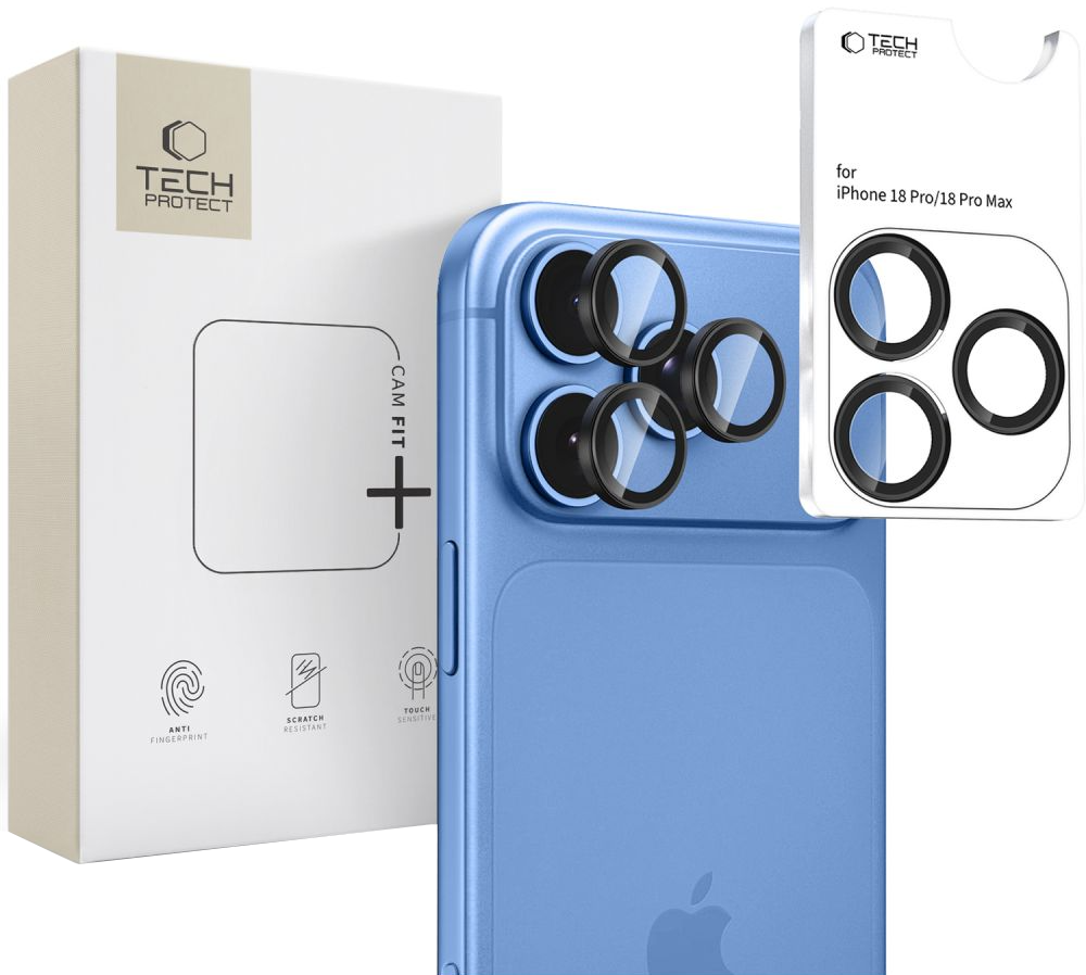 Protector de cámara trasera Tech-Protect CamRing Fit+ para Apple iPhone 18 Pro / 18 Pro Max, vidrio templado, negro
