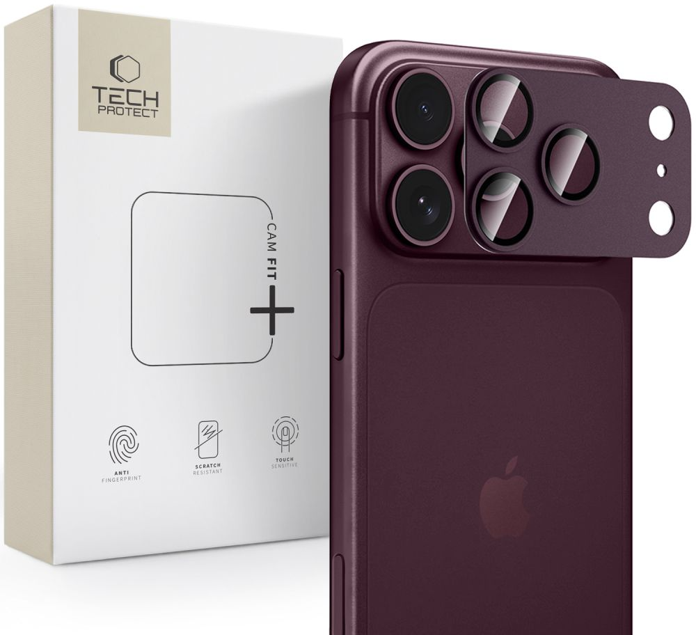 Protector de cámara trasera Tech-Protect CamFull Fit+ para Apple iPhone 18 Pro Max, vidrio templado, burdeos