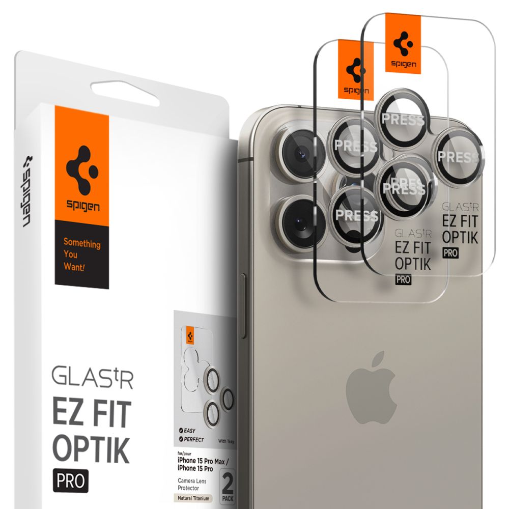 Película protectora para cámara trasera Spigen EZ FIT para Apple iPhone 15 Pro Max / 15 Pro, Protección de cristal, Juego 2 piezas, Gris AGL07163 