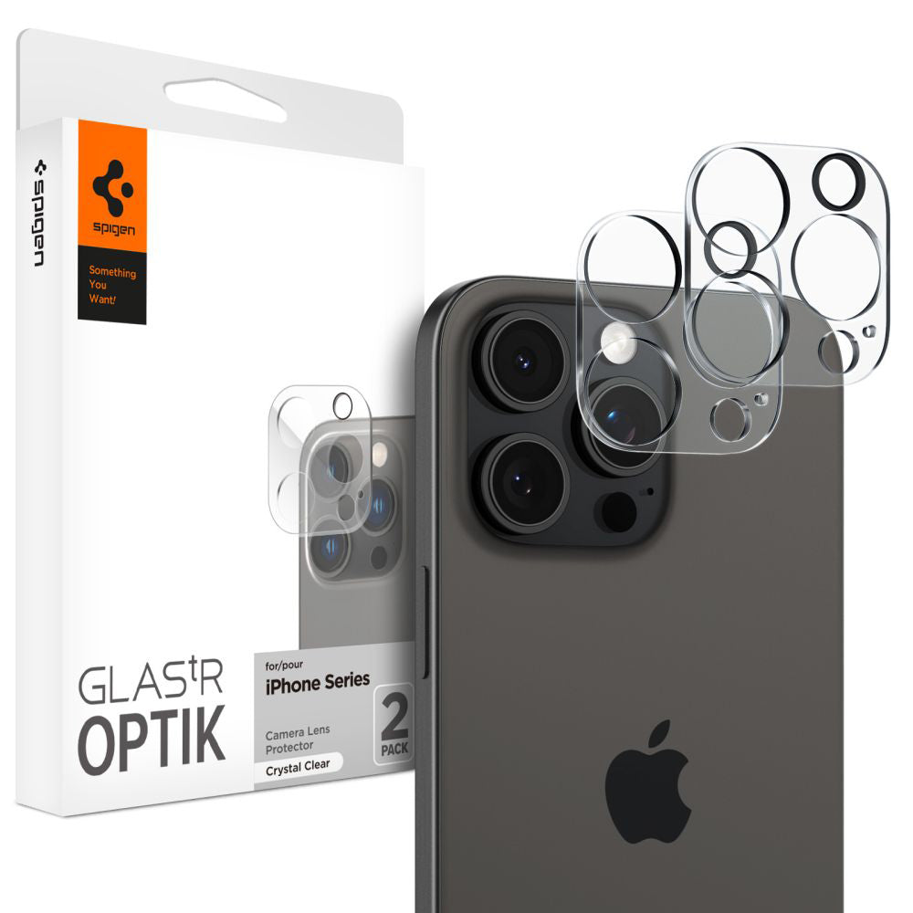 Spigen Optik Película Protectora de la Cámara Trasera para Apple iPhone 15 Pro Max / 15 Pro, Protección de Cristal, Pegamento Completo, Set 2 piezas, Transparente