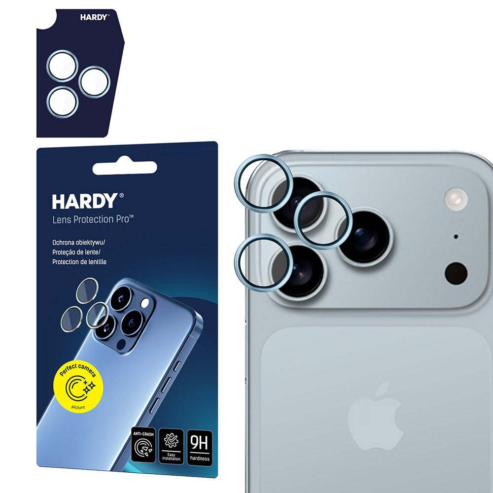 Protector de cámara trasera 3MK Hardy Protection Pro para Apple iPhone 17 Pro Max / 17 Pro, Cristal Templado, Azul.