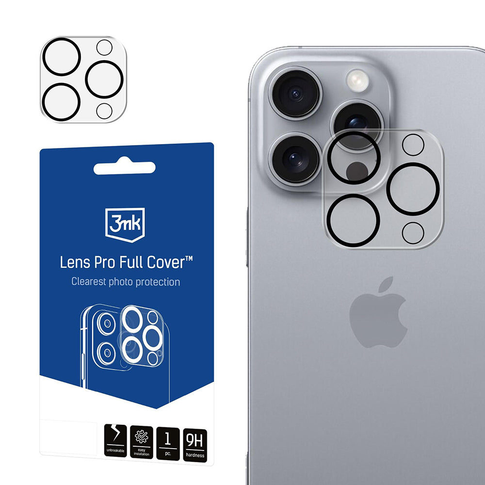 Protector de cámara trasera 3MK Pro Full Cover para Apple iPhone 16 Pro Max / 16 Pro, vidrio templado, negro