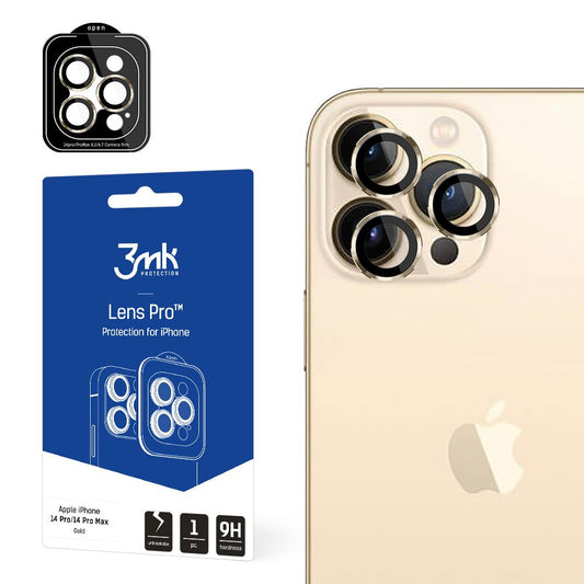 Protector de pantalla para cámara trasera 3MK Protection Pro para Apple iPhone 14 Pro Max / 14 Pro, vidrio templado, dorado