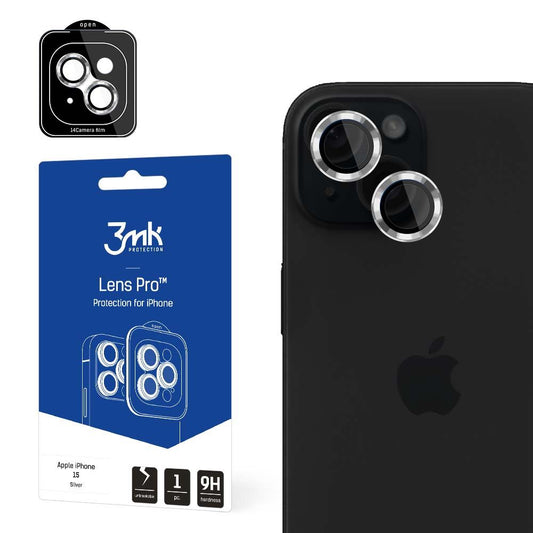 Protector de pantalla para cámara trasera 3MK Protection Pro para Apple iPhone 15, vidrio templado, plateado