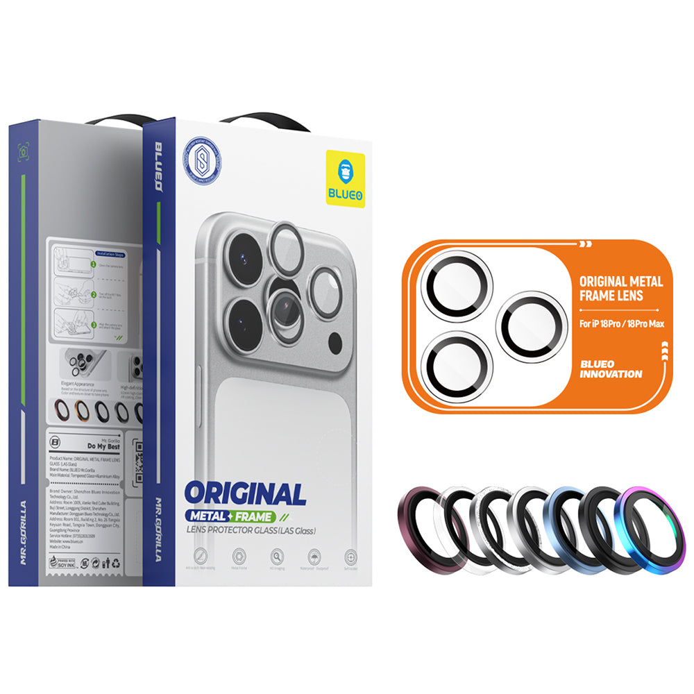Protector de cámara trasera Blueo con marco metálico para Apple iPhone 18 Pro / 18 Pro Max, vidrio templado, negro