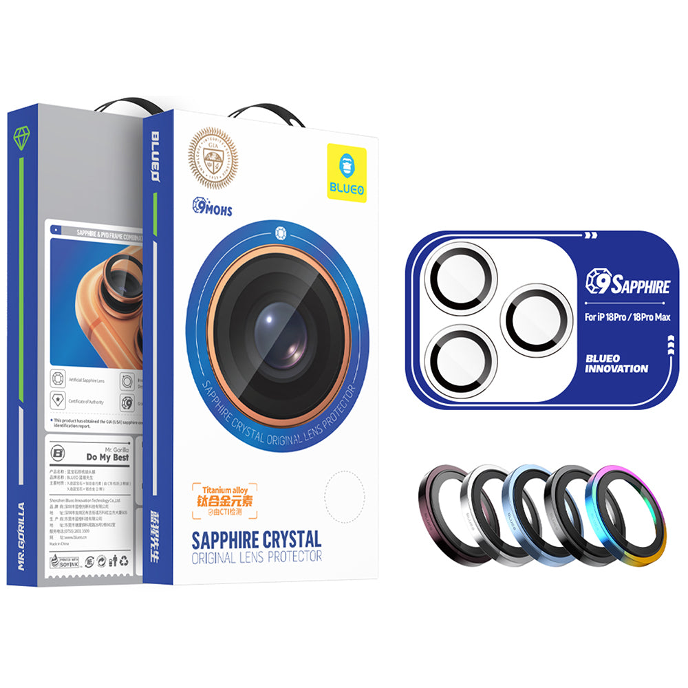 Protector de cámara trasera Blueo Sapphire Crystal para Apple iPhone 18 Pro / 18 Pro Max, vidrio templado, negro
