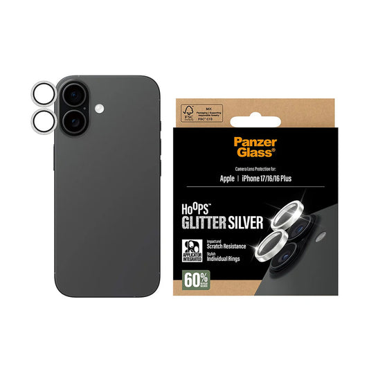 Funda protectora de cámara trasera PanzerGlass Hoops Glitter para Apple iPhone 17 / 16 Plus / 16, Cristal Templado, Plateada.