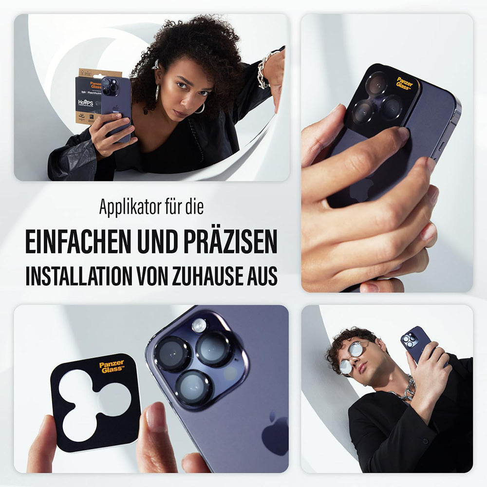 Funda protectora de cámara trasera PanzerGlass Hoops Glitter para Apple iPhone 17 / 16 Plus / 16, Cristal Templado, Plateada.