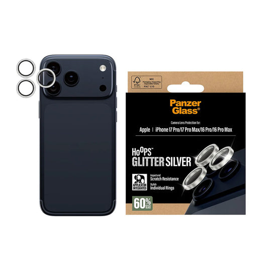 Folie de protección para la Cámara Trasera PanzerGlass Hoops Glitter para Apple iPhone 17 Pro Max / 17 Pro / 16 Pro Max / 16 Pro, Cristal Templado, Plateado.
