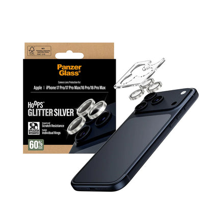 Folie de protección para la Cámara Trasera PanzerGlass Hoops Glitter para Apple iPhone 17 Pro Max / 17 Pro / 16 Pro Max / 16 Pro, Cristal Templado, Plateado.