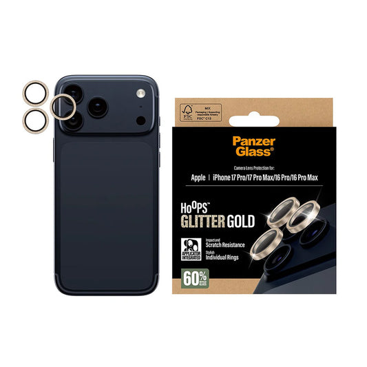 Protector de cámara trasera PanzerGlass Hoops Glitter para Apple iPhone 17 Pro Max / 17 Pro / 16 Pro Max / 16 Pro, Cristal Templado, Dorado