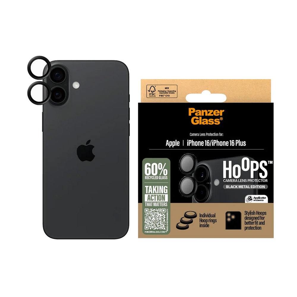Folie de protección para la Cámara Trasera PanzerGlass Hoops para Apple iPhone 16 Plus / 16, Cristal Templado, Negro